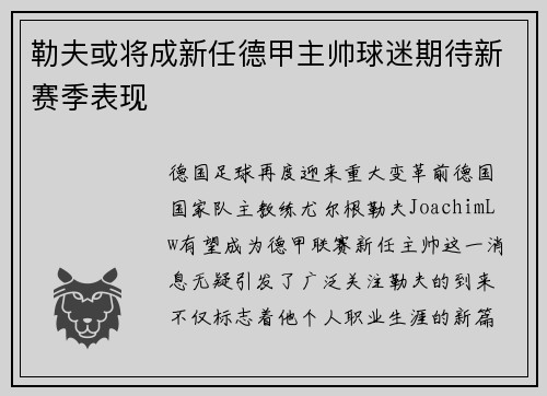 勒夫或将成新任德甲主帅球迷期待新赛季表现